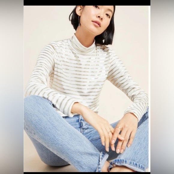 Anthropologie Maeve Plus Size Mockneck Long Sleeve Shirt Gold  Stripes,2X New - Picture 1 of 10